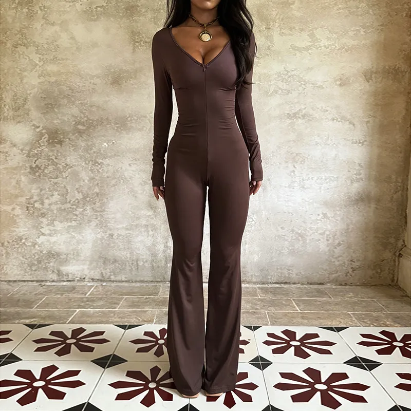 Women Fashion Casual Spring Solid Color Long Sleeve Zipper Jumpsuits