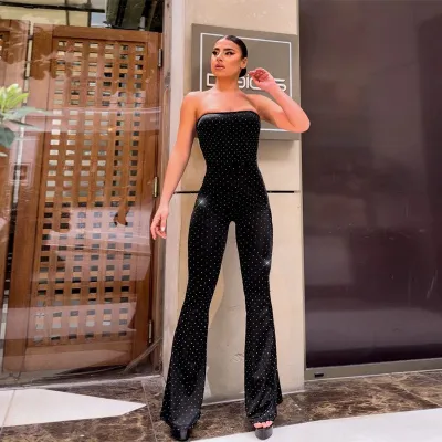 Women Fashion Sexy Summer Solid Color Rhinestone Tube Top Wide Leg Jumpsuits