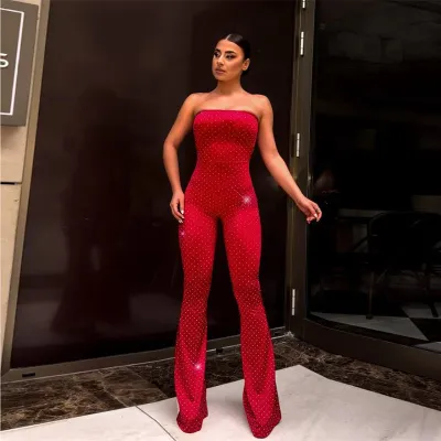 Women Fashion Sexy Summer Solid Color Rhinestone Tube Top Wide Leg Jumpsuits