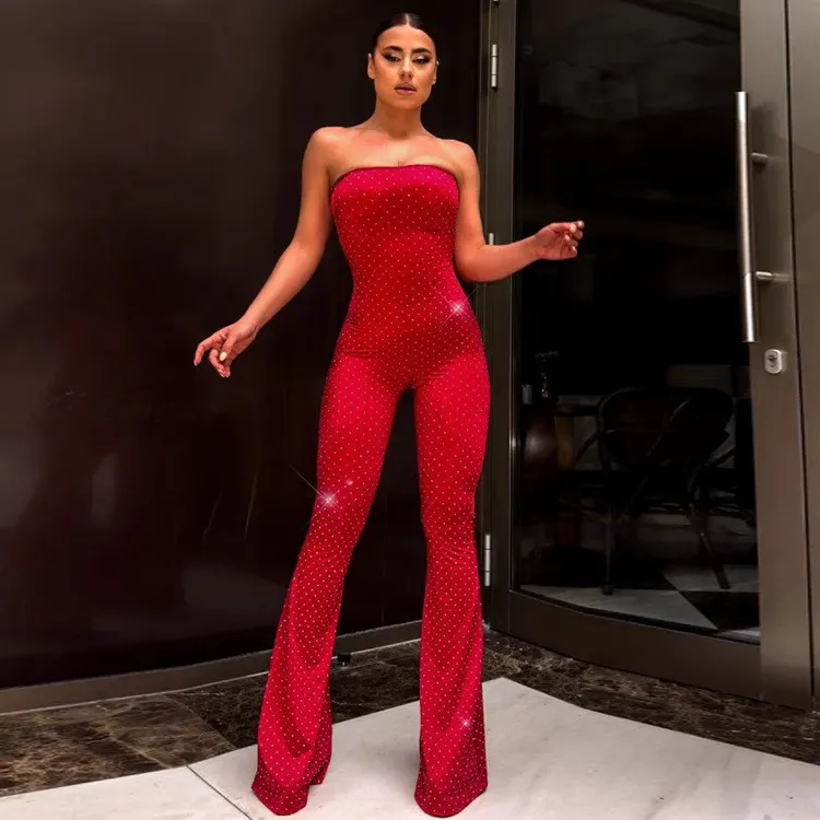 Women Fashion Sexy Summer Solid Color Rhinestone Tube Top Wide Leg Jumpsuits