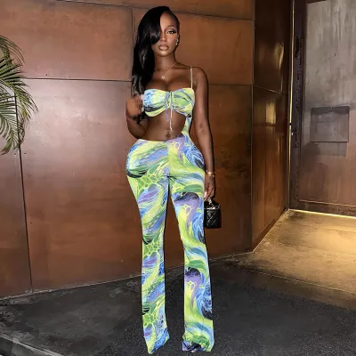 Women Fashion Sexy Summer Asymmetric Printed Spaghetti Strap Hollow Lace-Up Jumpsuits