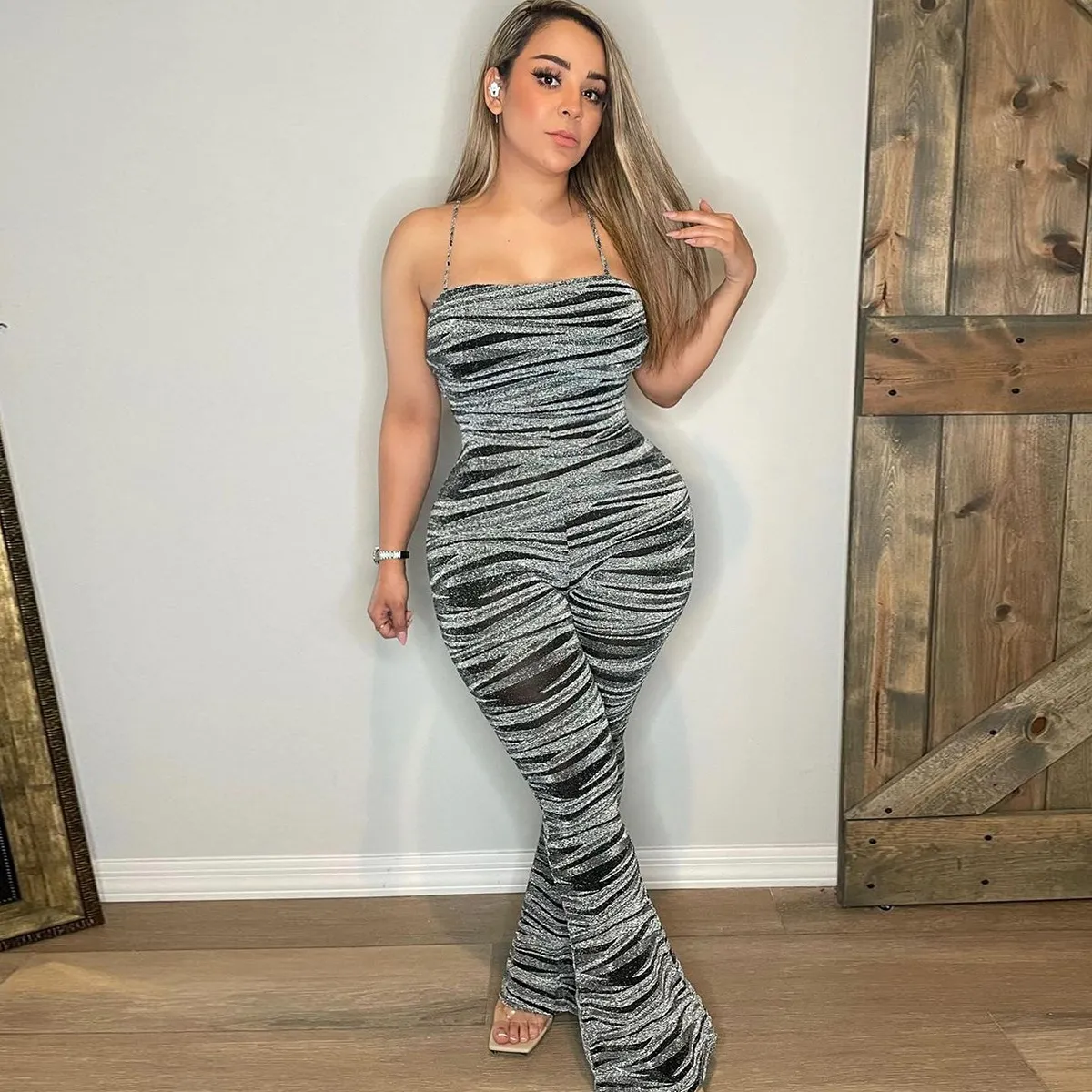Women Fashion Sexy Summer Stripe Backless Jumpsuit