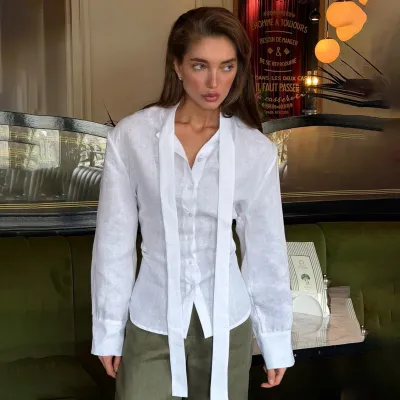 Women Fashion Casual Solid Color Cotton Strap Lapel Long-Sleeve Slim-Fit Blouse