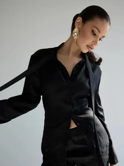 Women Fashion Casual Solid Color Cotton Strap Lapel Long-Sleeve Slim-Fit Blouse