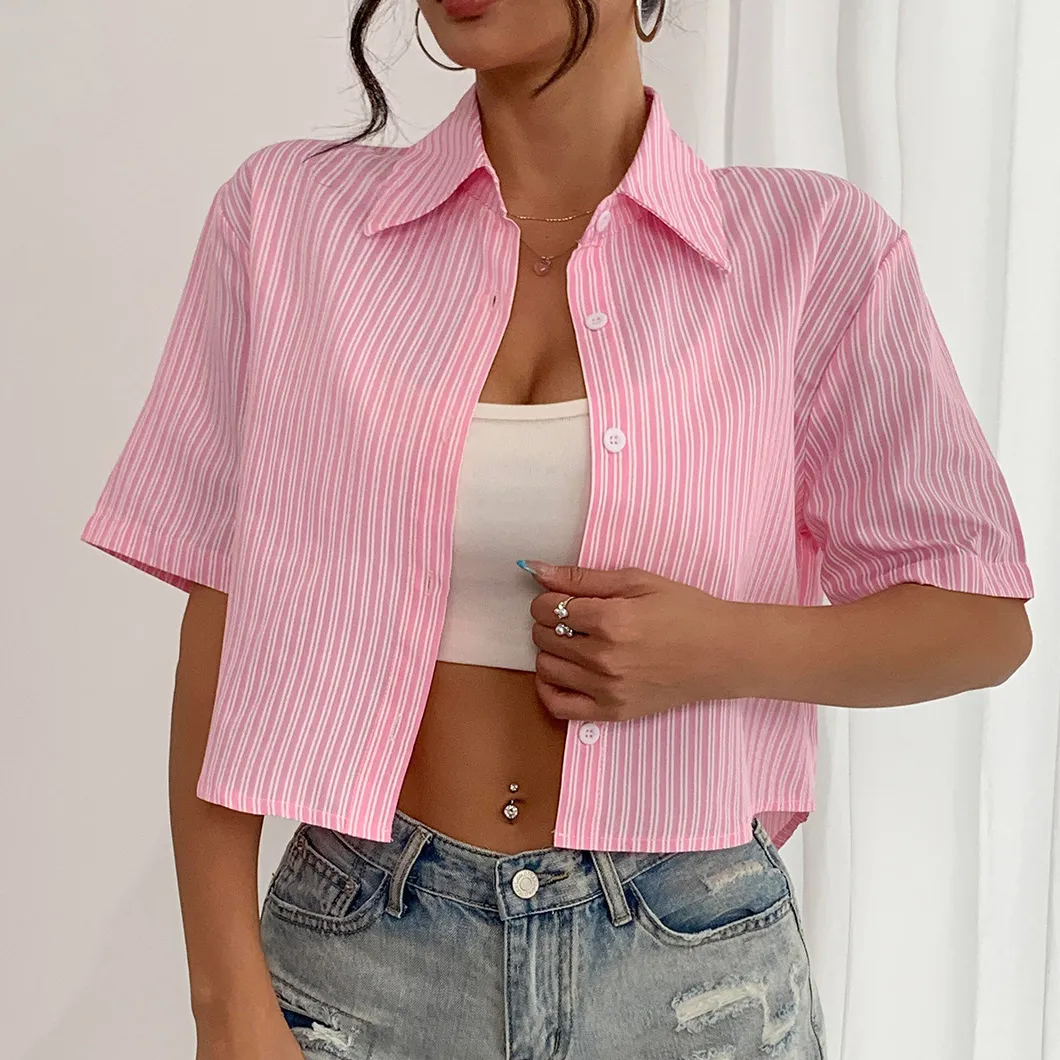 Women Fashion Casual Summer Stripe Bowknot Lapel Short Sleeve Blouse