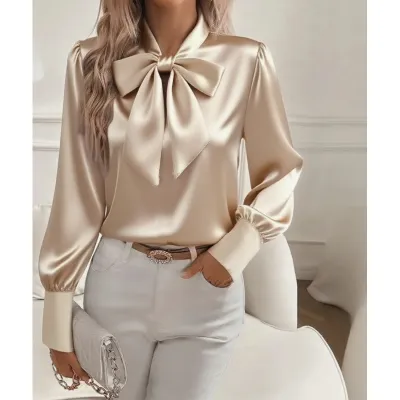 Women Fashion Elegant Spring Solid Color Satin Bowknot Long Sleeve Blouse