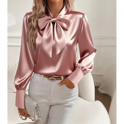 Women Fashion Elegant Spring Solid Color Satin Bowknot Long Sleeve Blouse