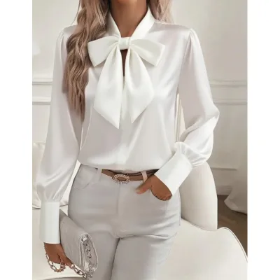 Women Fashion Elegant Spring Solid Color Satin Bowknot Long Sleeve Blouse