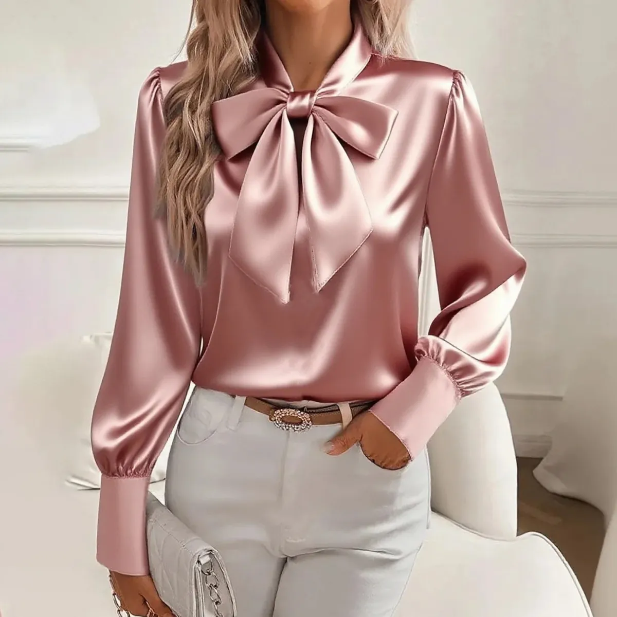 Women Fashion Elegant Spring Solid Color Satin Bowknot Long Sleeve Blouse