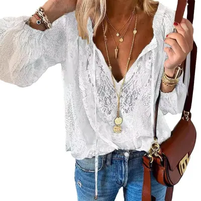 Women Fashion Casual Spring Solid Color Printed Lace Long-Sleeve Loose Blouse