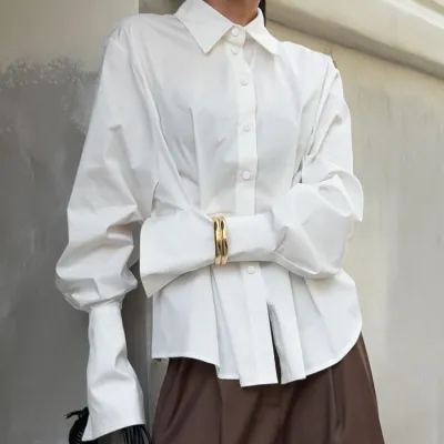 Women Fashion Casual Spring Solid Color Cotton Lapel Long-Sleeve Pleated Waist Slim-Fit Blouse