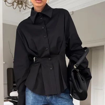 Women Fashion Casual Spring Solid Color Cotton Lapel Long-Sleeve Pleated Waist Slim-Fit Blouse