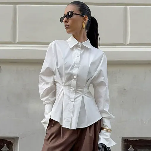 Women Fashion Casual Spring Solid Color Cotton Lapel Long-Sleeve Pleated Waist Slim-Fit Blouse