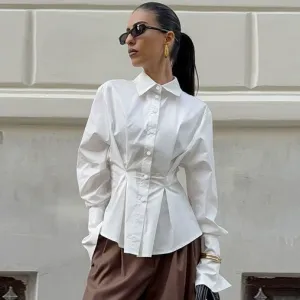 Women Fashion Casual Spring Solid Color Cotton Lapel Long-Sleeve Pleated Waist Slim-Fit Blouse