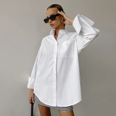 Women Fashion Casual Simple Spring And Summer Lapel Long-Sleeve Loose Blouse