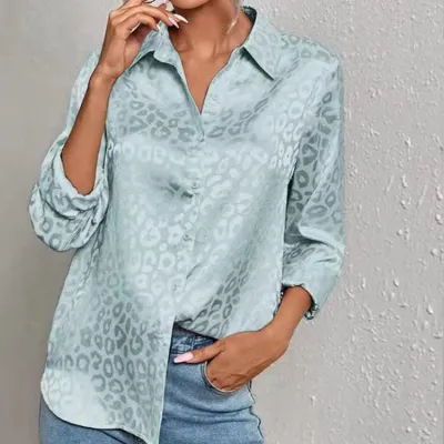 Women Fashion Casual Leopard Jacquard Satin Lapel Long Sleeve Blouse