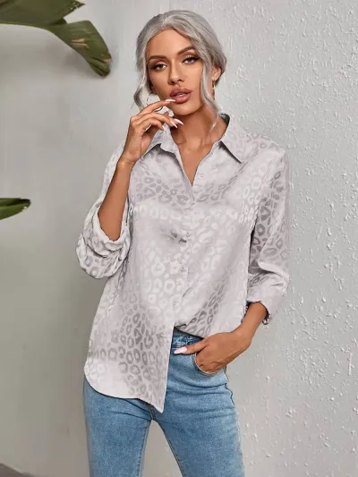 Women Fashion Casual Leopard Jacquard Satin Lapel Long Sleeve Blouse