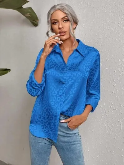 Women Fashion Casual Leopard Jacquard Satin Lapel Long Sleeve Blouse