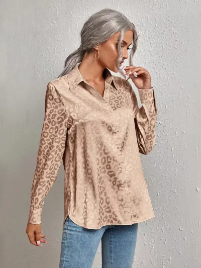 Women Fashion Casual Leopard Jacquard Satin Lapel Long Sleeve Blouse