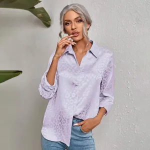 Women Fashion Casual Leopard Jacquard Satin Lapel Long Sleeve Blouse
