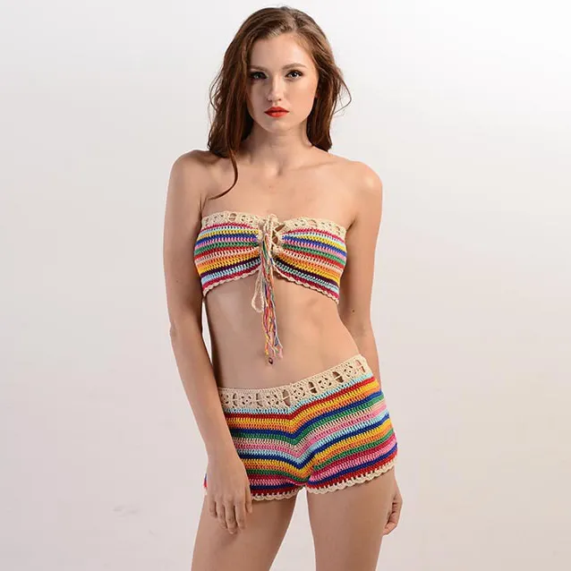 Women Fashion Sexy Stripe Crochet Bikini Swimsuit
