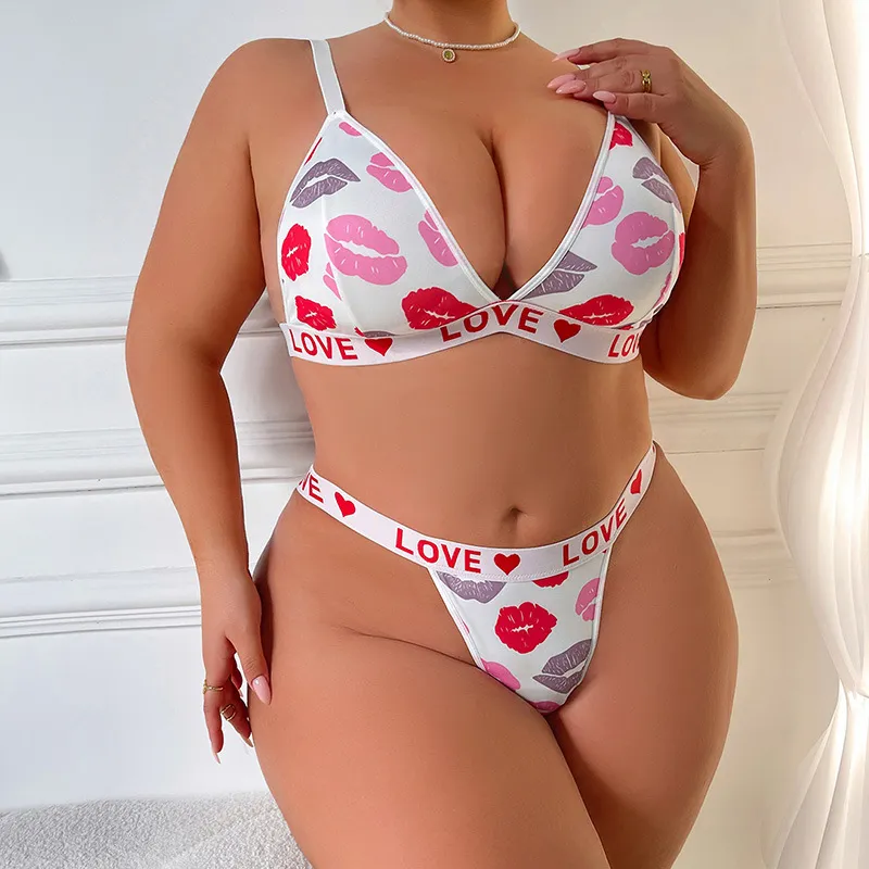 Women Fashion Sexy Plus Size Lip Print Bra Underwear Set