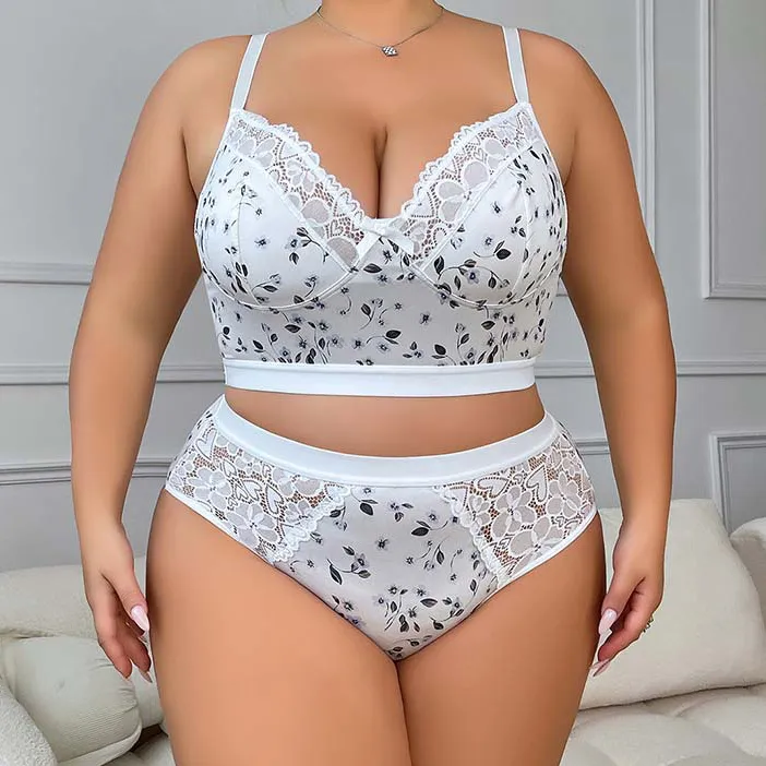 Women Fashion Sexy Plus Size Flower Printed Thin Gather Adjustable Bra Underwear Set