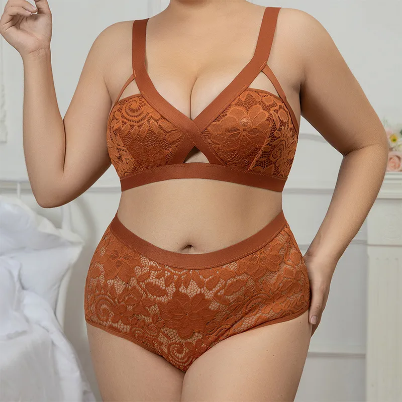 Women Fashion Sexy Plus Size Solid Color Lace Adjustable No Steel Ring Bra Underwear Set