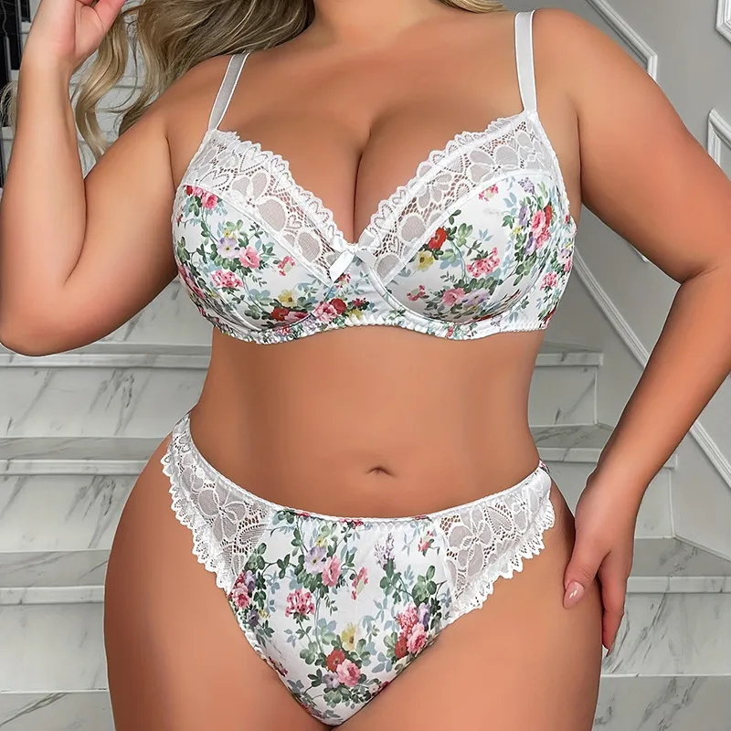 Women Fashion Sexy Plus Size Flower Printed Adjustable Bra Underwear Set