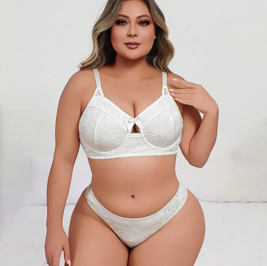 Women Fashion Sexy Plus Size Solid Color Jacquard Bra Underwear Two-Piece Set