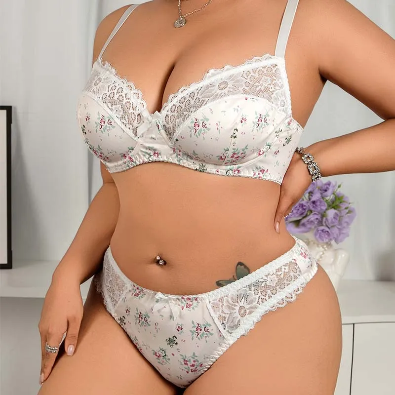 Women Fashion Sexy Plus Size Flower Printed Adjustable Bra Underwear Set