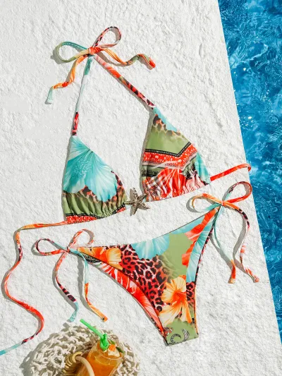 Women Fashion Sexy Printed Halter-Neck Lace-Up Bikini Swimsuit