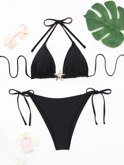 Women Fashion Sexy Printed Halter-Neck Lace-Up Bikini Swimsuit
