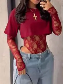 Women Fashion Sexy Solid Color Lace Stitching Long-Sleeve Bodysuits