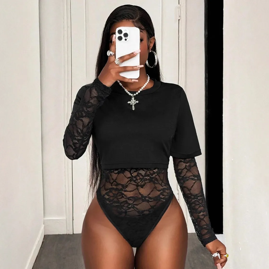 Women Fashion Sexy Solid Color Lace Stitching Long-Sleeve Bodysuits