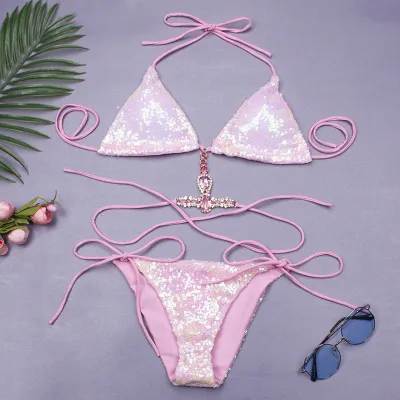 Women Fashion Sexy Sequins Rhinestone Chain Halter-Neck Bikini Swimsuit