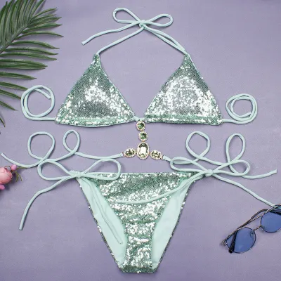 Women Fashion Sexy Sequins Rhinestone Chain Halter-Neck Bikini Swimsuit