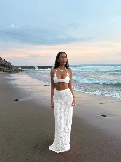 Women Fashion Sexy Solid Color Flower Strap Halter-Neck Top Skirt Crochet Swimsuit Two-Piece Set