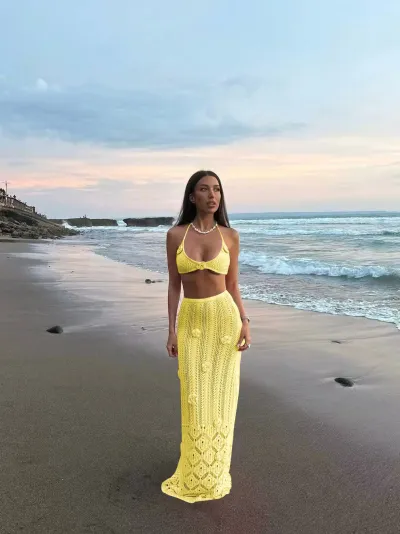 Women Fashion Sexy Solid Color Flower Strap Halter-Neck Top Skirt Crochet Swimsuit Two-Piece Set