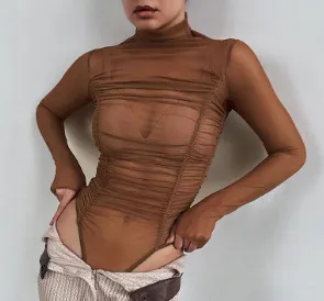 Women Fashion Sexy Solid Color Perspective Mesh High Neck Long Sleeve Pleated Bodysuits