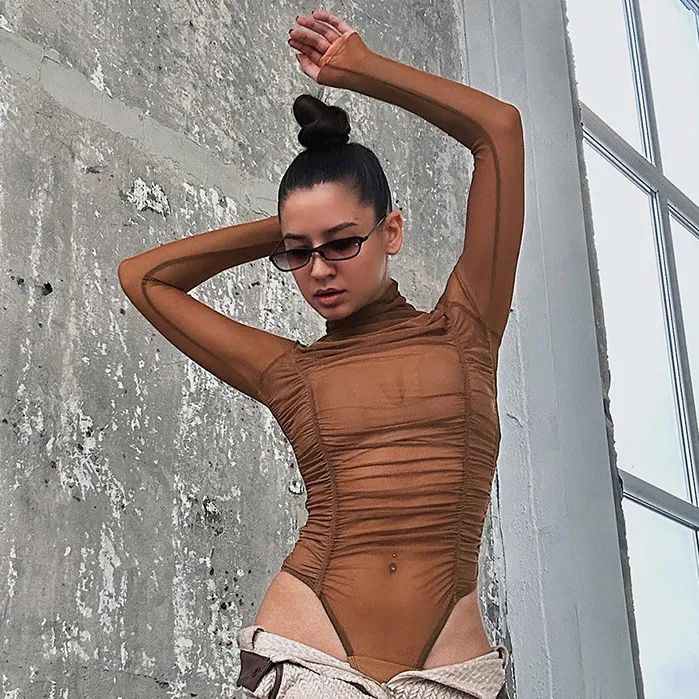 Women Fashion Sexy Solid Color Perspective Mesh High Neck Long Sleeve Pleated Bodysuits