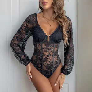 Women Fashion Sexy Solid Color Lace Long-Sleeve Bodysuits