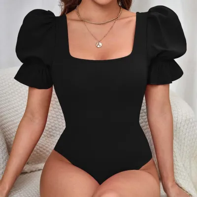 Women Fashion Sexy Solid Color Puff Sleeve Tight Bodysuits