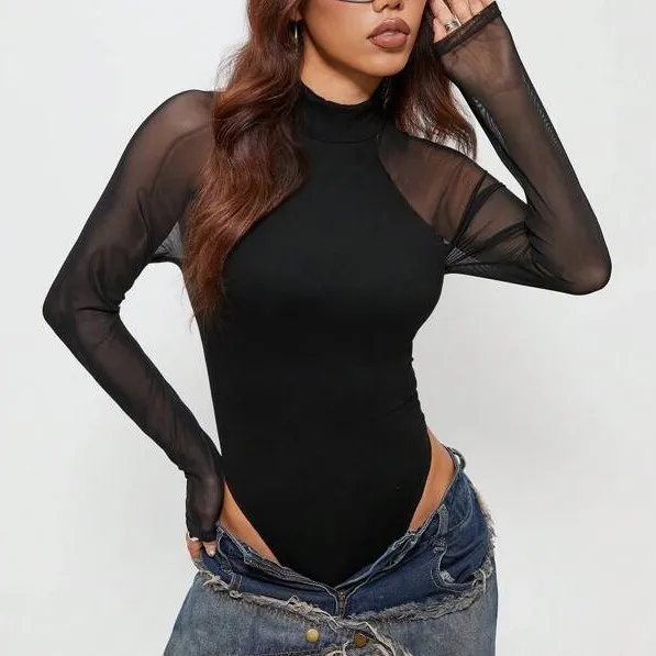 Women Fashion Sexy Solid Color Mesh Stitching Long-Sleeve Bodysuits