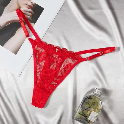 Women Fashion Sexy Solid Color Lace Hollow-Out Low Waist Thong