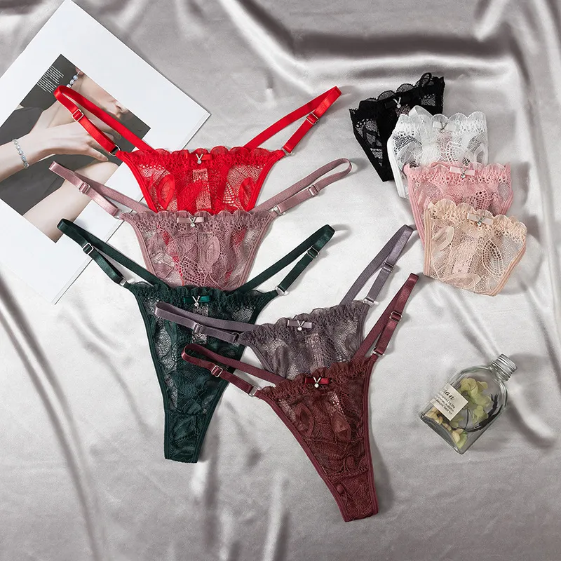 Women Fashion Sexy Solid Color Lace Hollow-Out Low Waist Thong