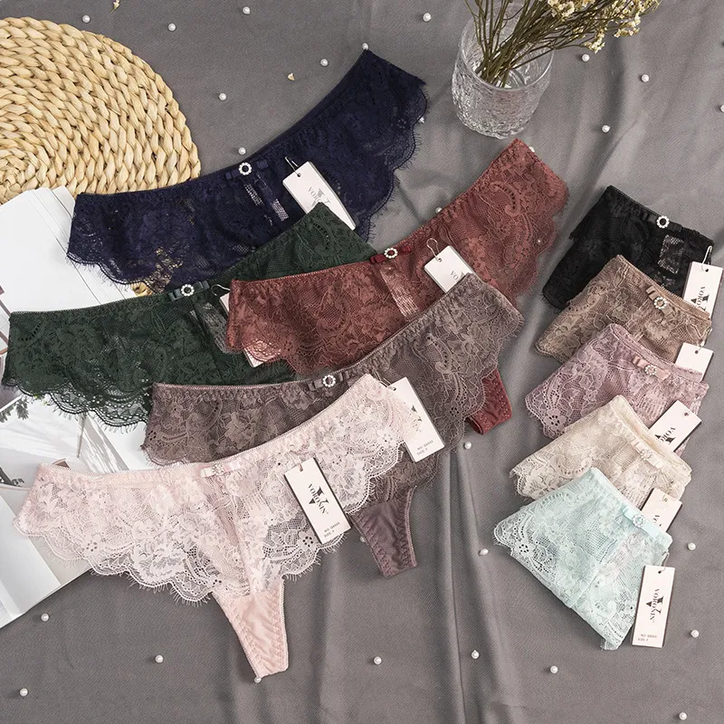 Women Fashion Sexy Solid Color Lace Low Waist Thong