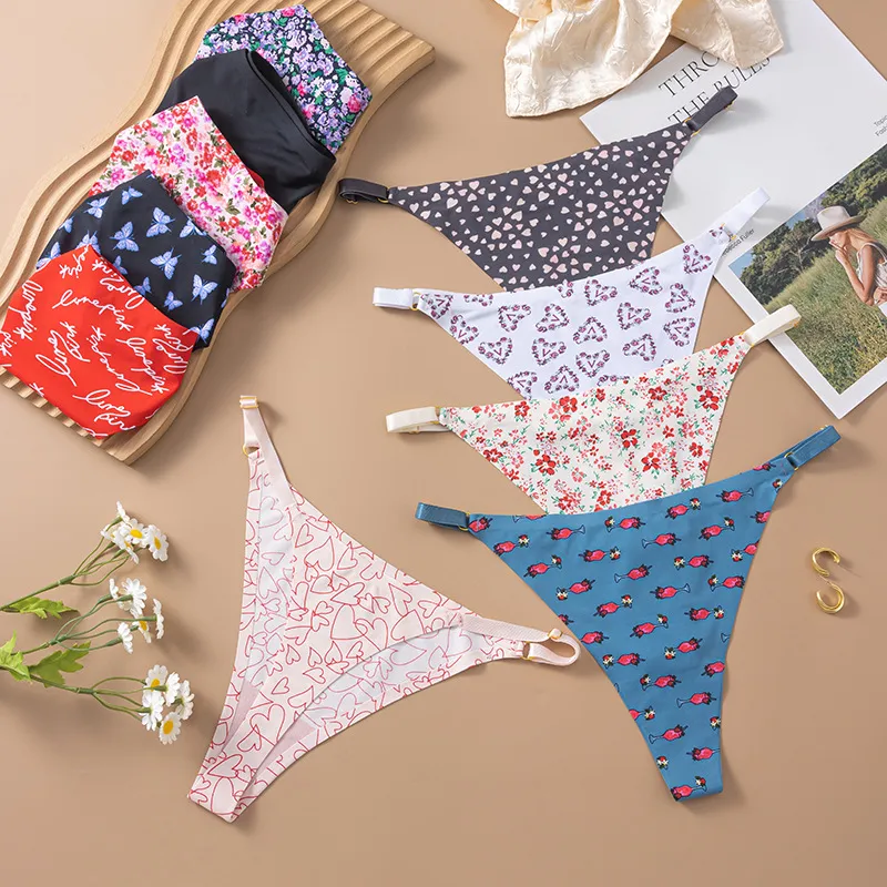 Women Fashion Sexy Printed Ice Silk Traceless Low Waist Thong