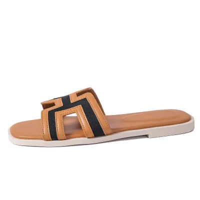 Women Fashion Casual Colorblock Square-Toe Flat Slippers Plus Size