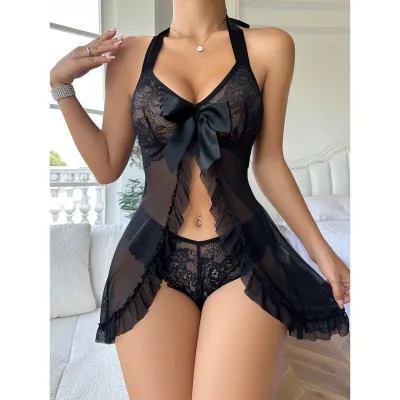 Women Fashion Solid Color Ultra-Thin Lace Mesh Halter-Neck Sexy Lingerie Set
